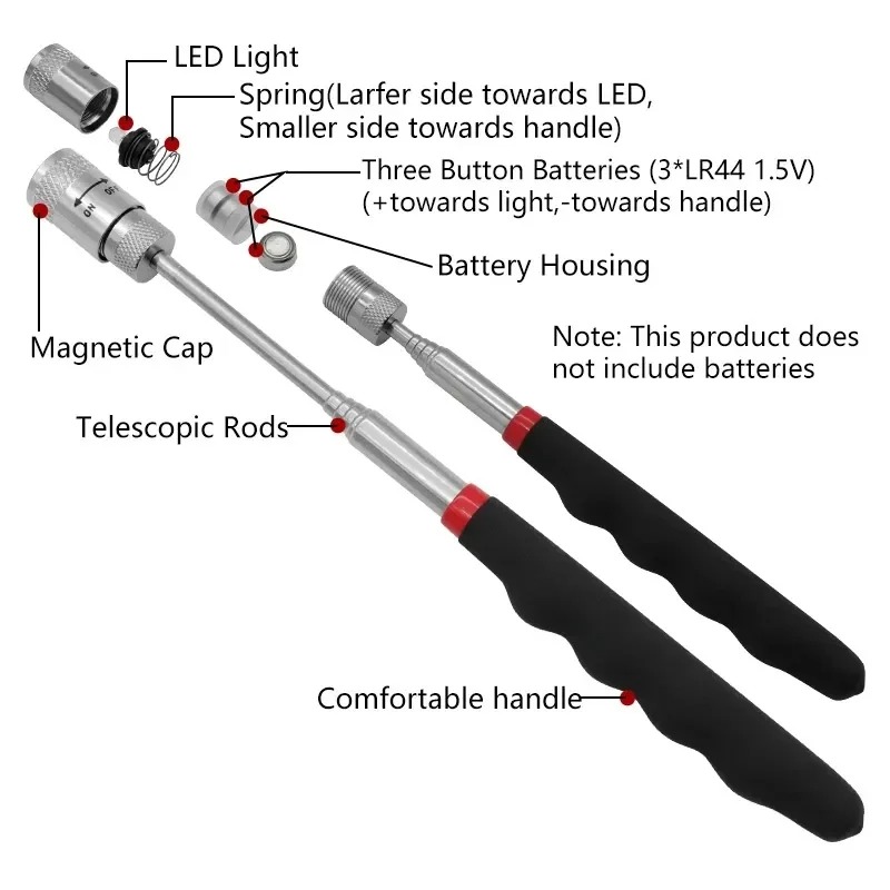 Fishing Rod Telescopic - 伸縮式磁気ペン LEDライト付き 拡張可能なピックアップロッド ミニポータブルマグネットツール ネジ、ナット、ボルト、金属部品用