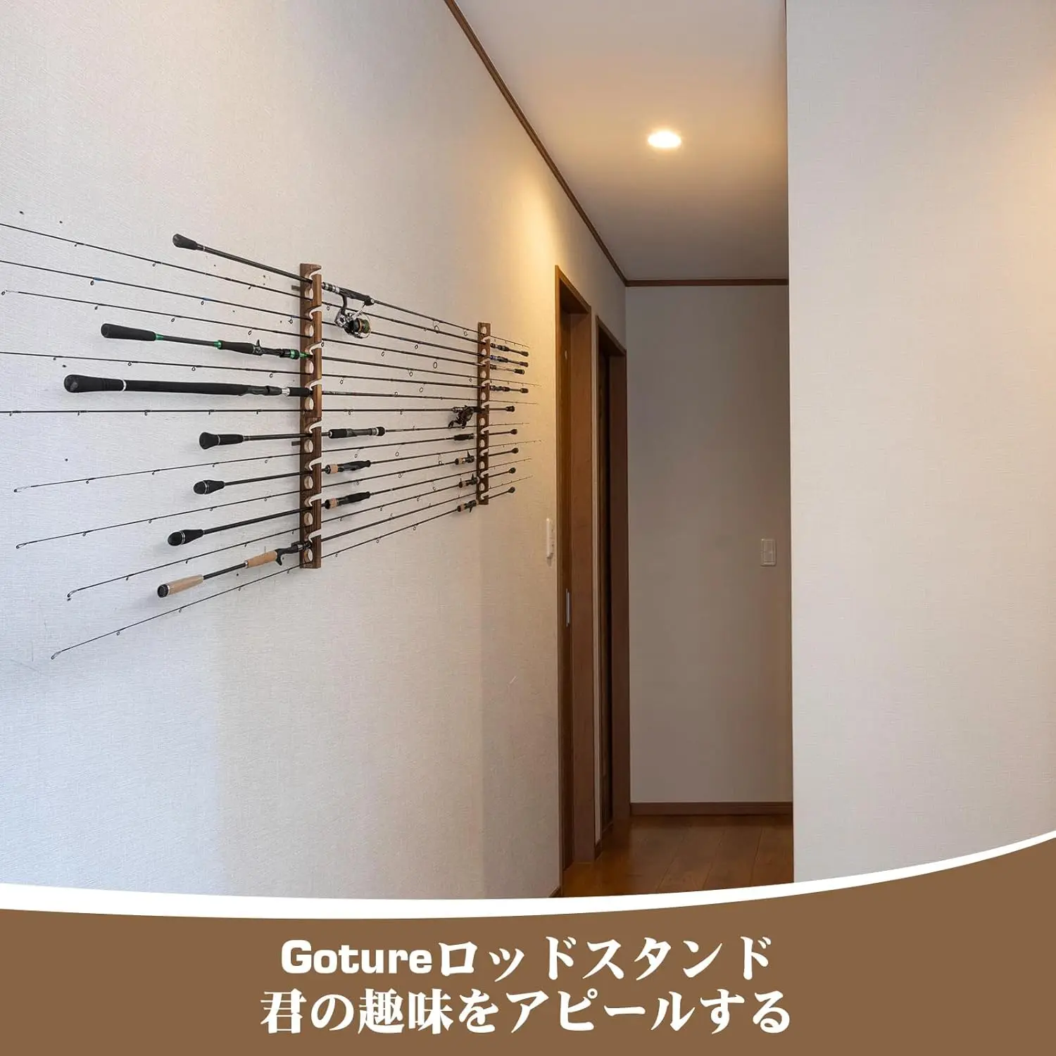 Goture製釣り竿ホルダー、8穴付き木製竿用壁掛け式高品質 - Fishing Rod Rack のレビューと価格
