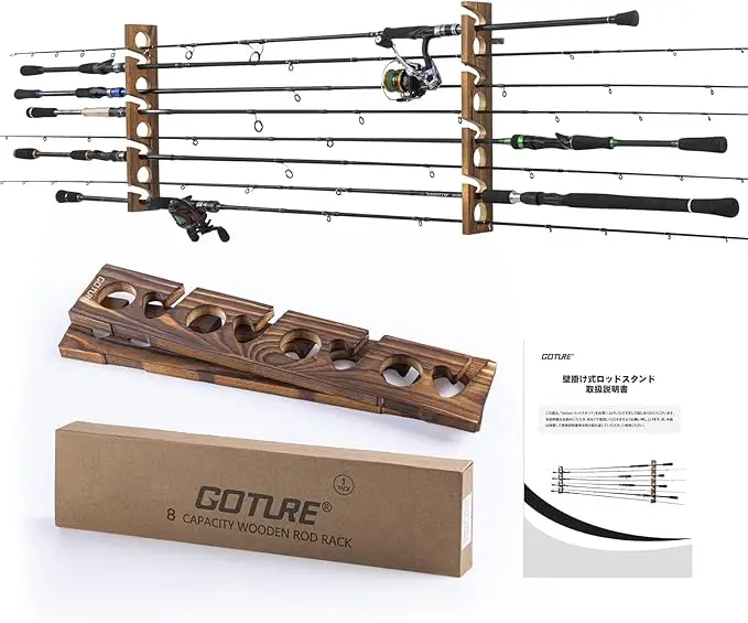 Goture製釣り竿ホルダー、8穴付き木製竿用壁掛け式高品質 - Fishing Rod Rack のレビューと価格